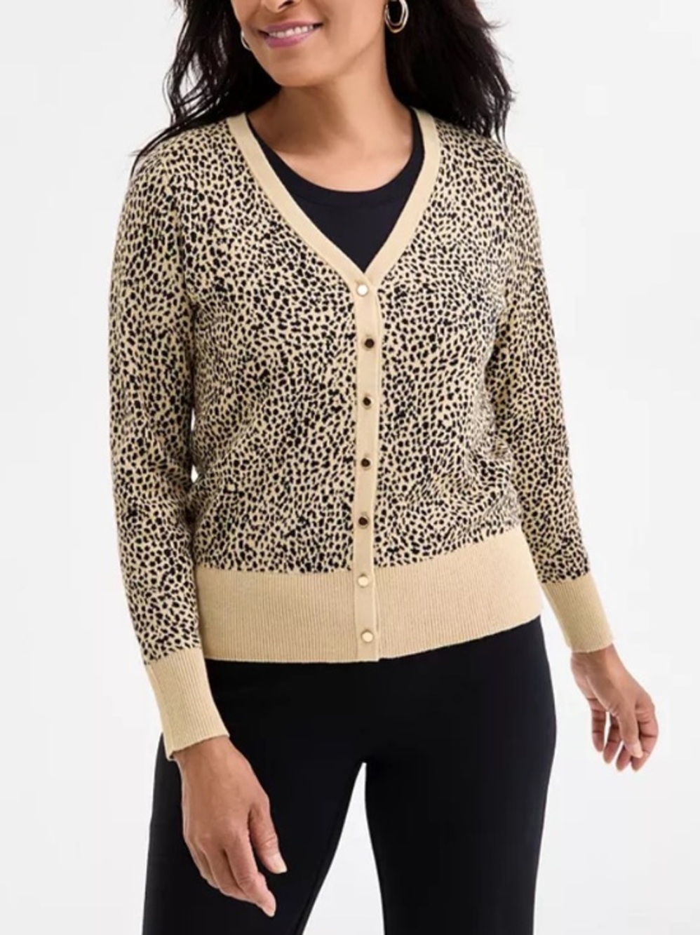 JM Collection Beige and Black Leopard Print V-Neck Cardigan